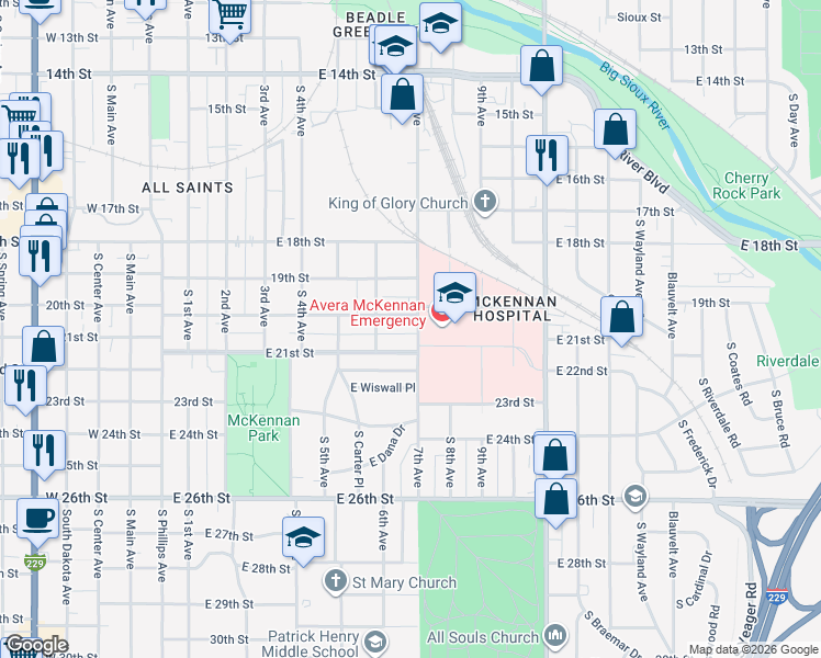 map of restaurants, bars, coffee shops, grocery stores, and more near 709 East 20th Street in Sioux Falls