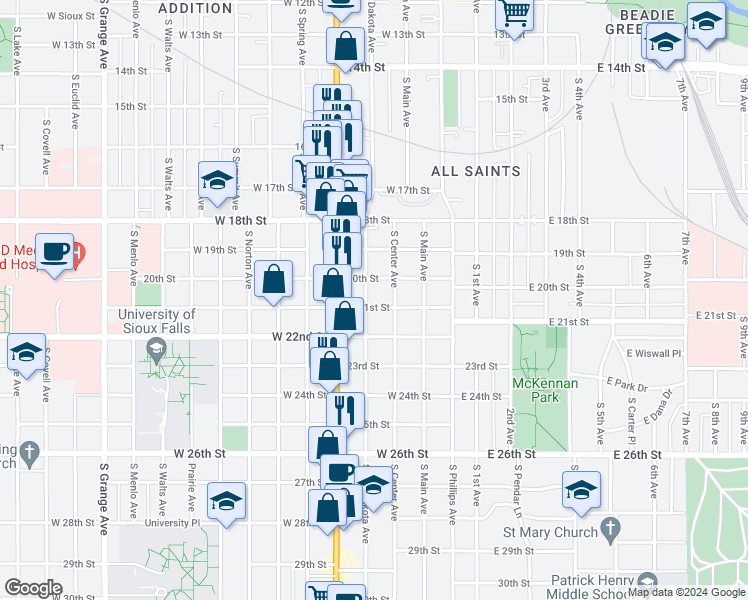 map of restaurants, bars, coffee shops, grocery stores, and more near 1211 South Center Avenue in Sioux Falls