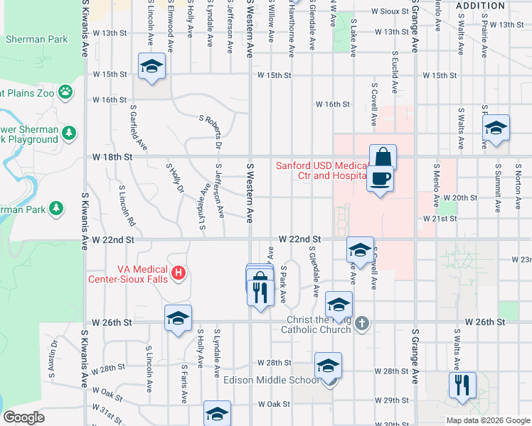 map of restaurants, bars, coffee shops, grocery stores, and more near 1305 South Willow Avenue in Sioux Falls