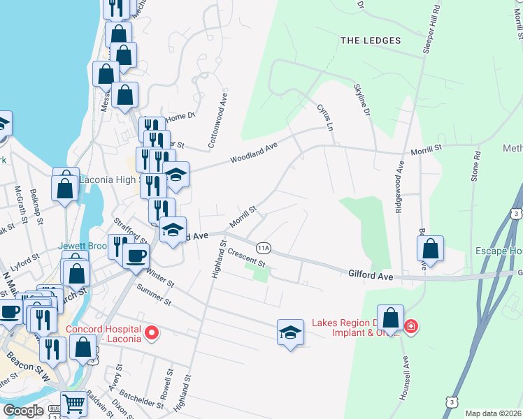 map of restaurants, bars, coffee shops, grocery stores, and more near 60 Morrill Street in Laconia