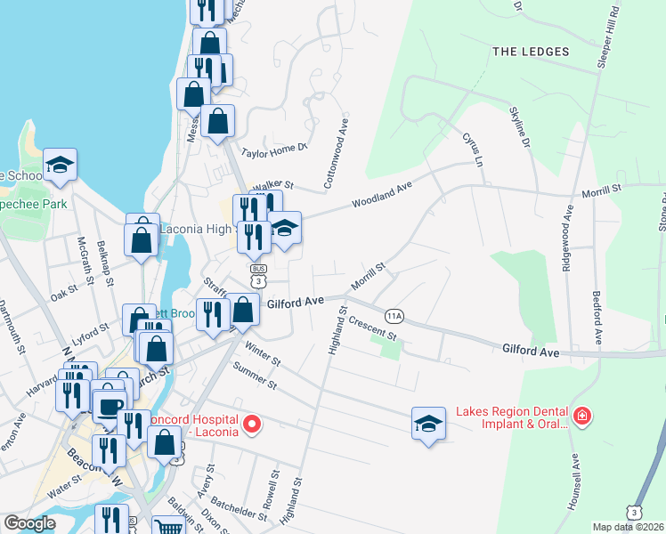 map of restaurants, bars, coffee shops, grocery stores, and more near 35 Isabella Street in Laconia