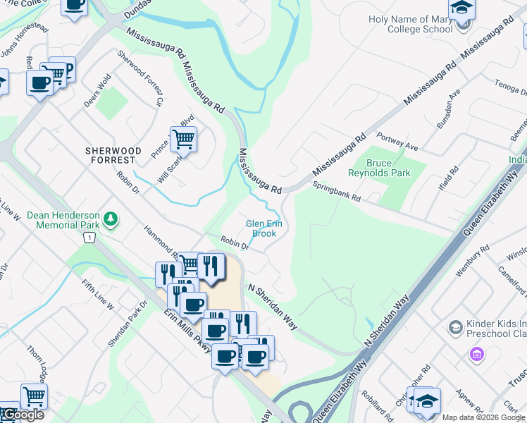 map of restaurants, bars, coffee shops, grocery stores, and more near 2225 Robin Drive in Mississauga
