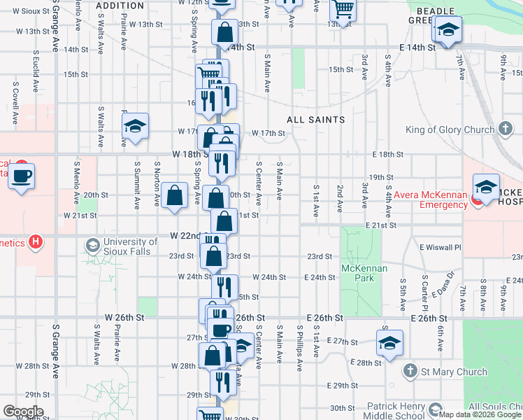 map of restaurants, bars, coffee shops, grocery stores, and more near 1216 South Center Avenue in Sioux Falls