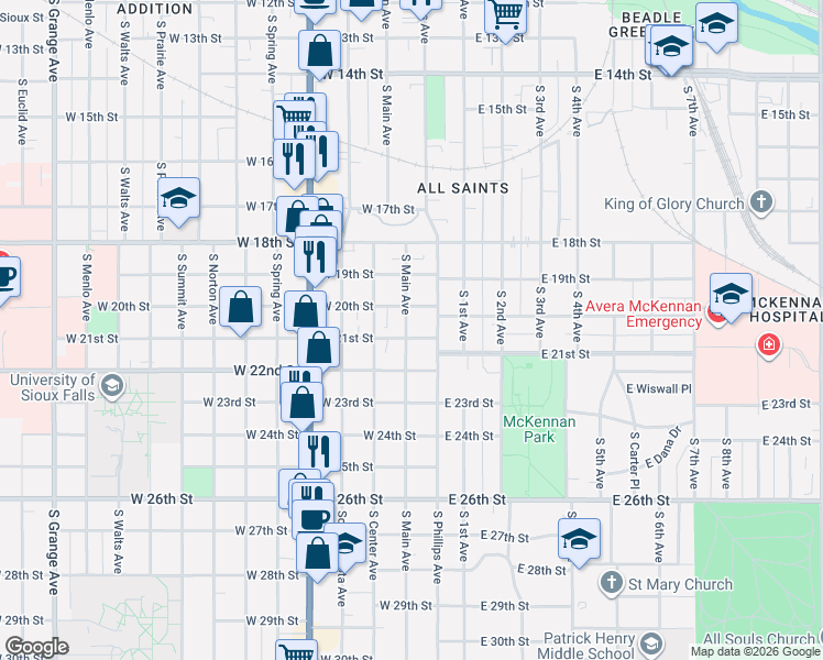 map of restaurants, bars, coffee shops, grocery stores, and more near 1212 South Main Avenue in Sioux Falls