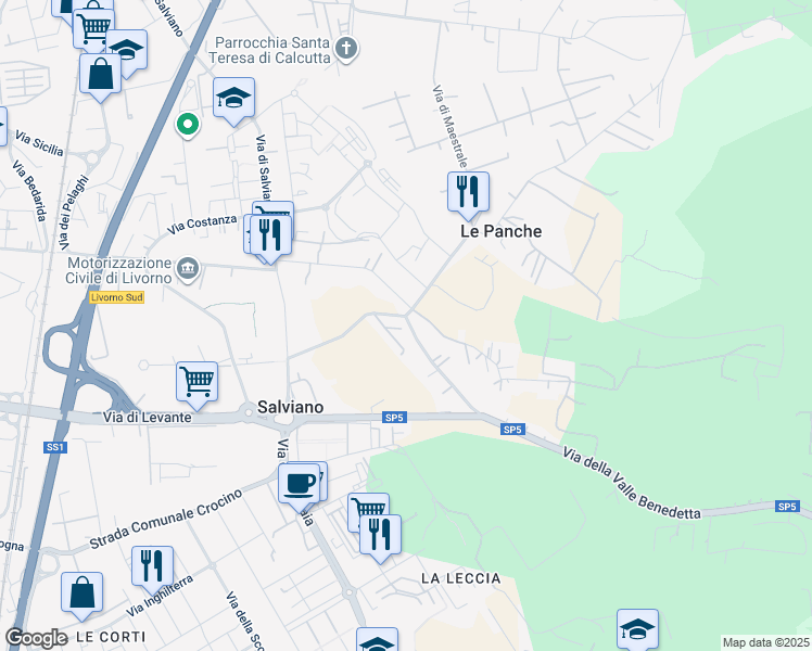 map of restaurants, bars, coffee shops, grocery stores, and more near 44 Via della Valle Benedetta in Livorno
