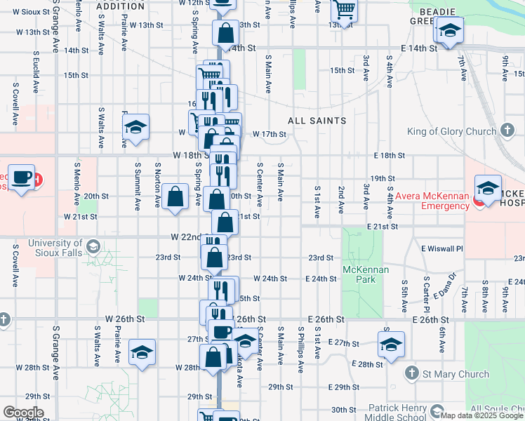 map of restaurants, bars, coffee shops, grocery stores, and more near 1211 South Center Avenue in Sioux Falls
