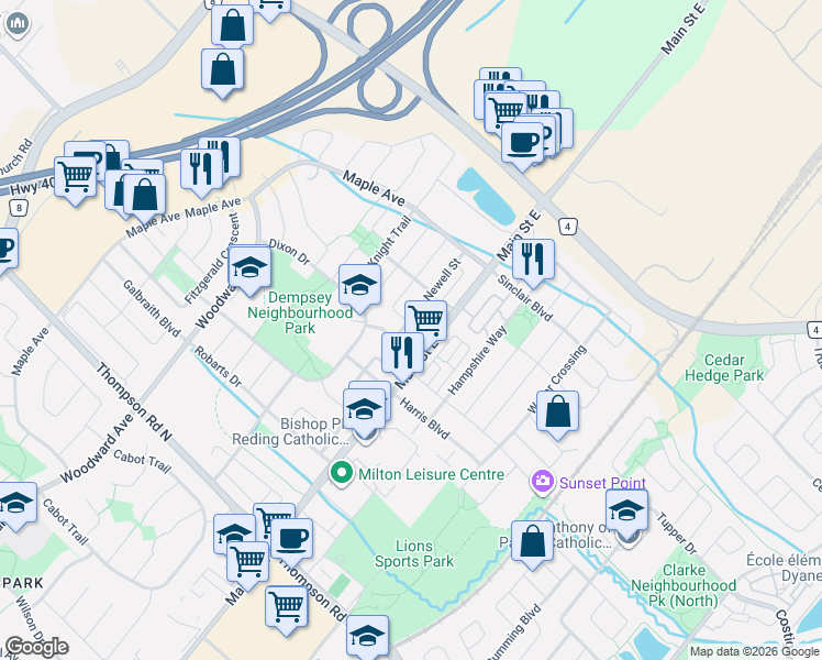 map of restaurants, bars, coffee shops, grocery stores, and more near 1206 Newell Street in Milton