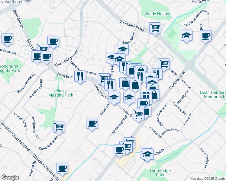 map of restaurants, bars, coffee shops, grocery stores, and more near 2319 Dunwin Drive in Mississauga