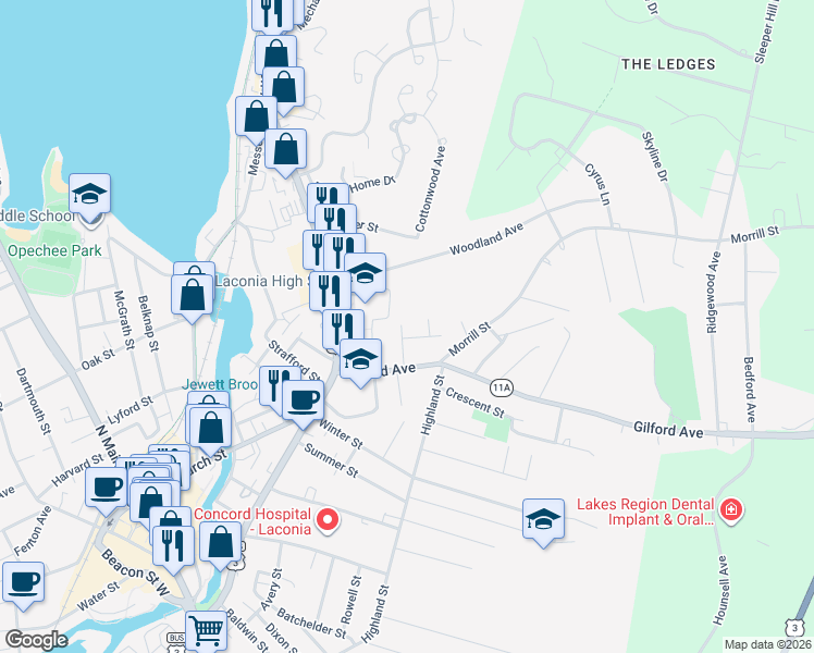 map of restaurants, bars, coffee shops, grocery stores, and more near 35 Isabella Street in Laconia