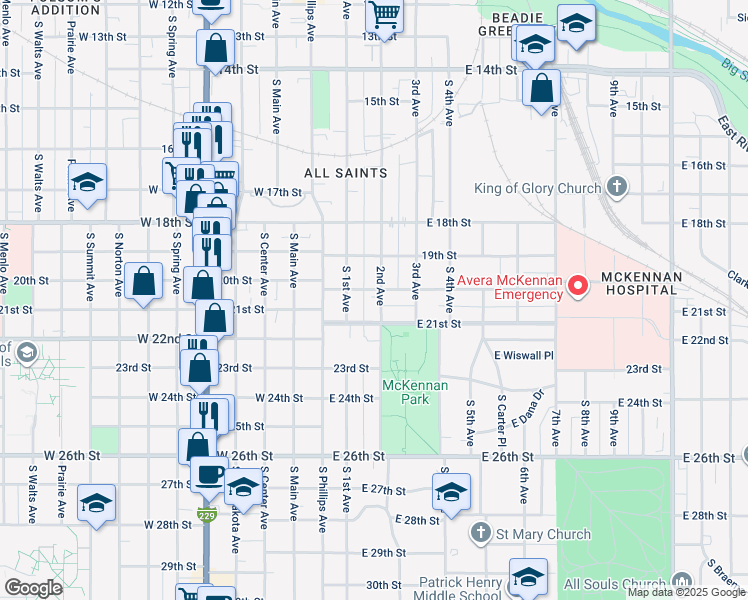 map of restaurants, bars, coffee shops, grocery stores, and more near 1203 South 2nd Avenue in Sioux Falls