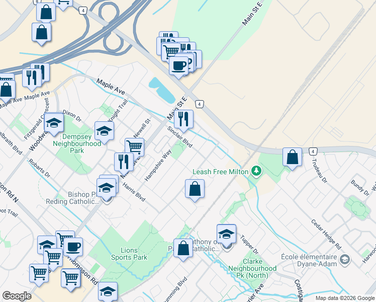map of restaurants, bars, coffee shops, grocery stores, and more near 40 Sinclair Boulevard in Milton