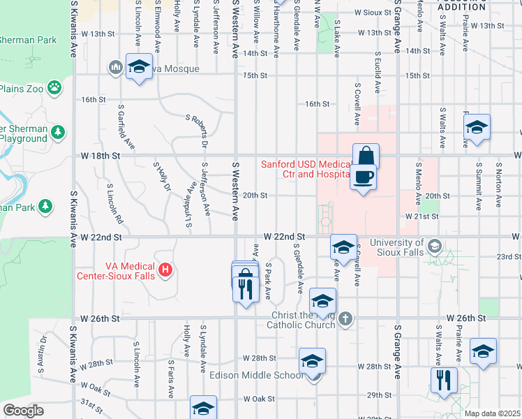 map of restaurants, bars, coffee shops, grocery stores, and more near 1218 South Willow Avenue in Sioux Falls