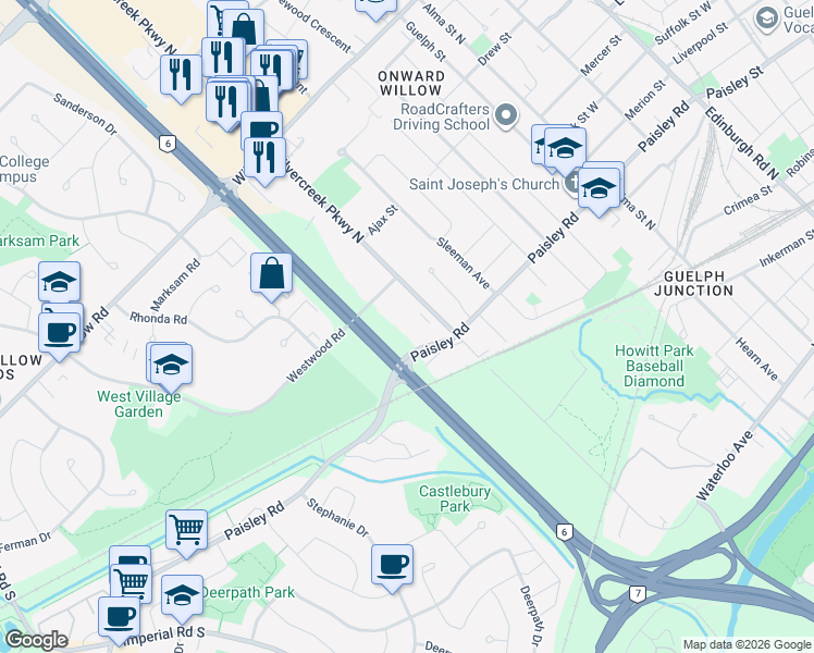 map of restaurants, bars, coffee shops, grocery stores, and more near 40 Silvercreek Parkway North in Guelph