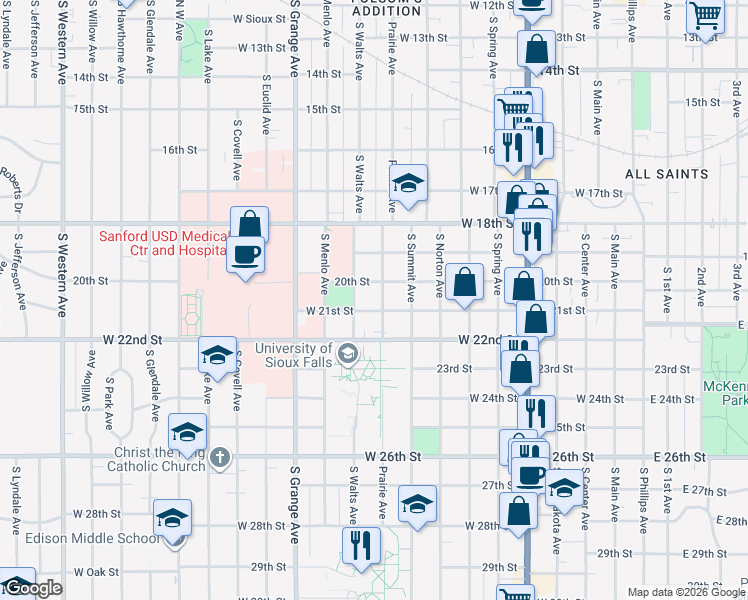 map of restaurants, bars, coffee shops, grocery stores, and more near 1205 South Prairie Avenue in Sioux Falls