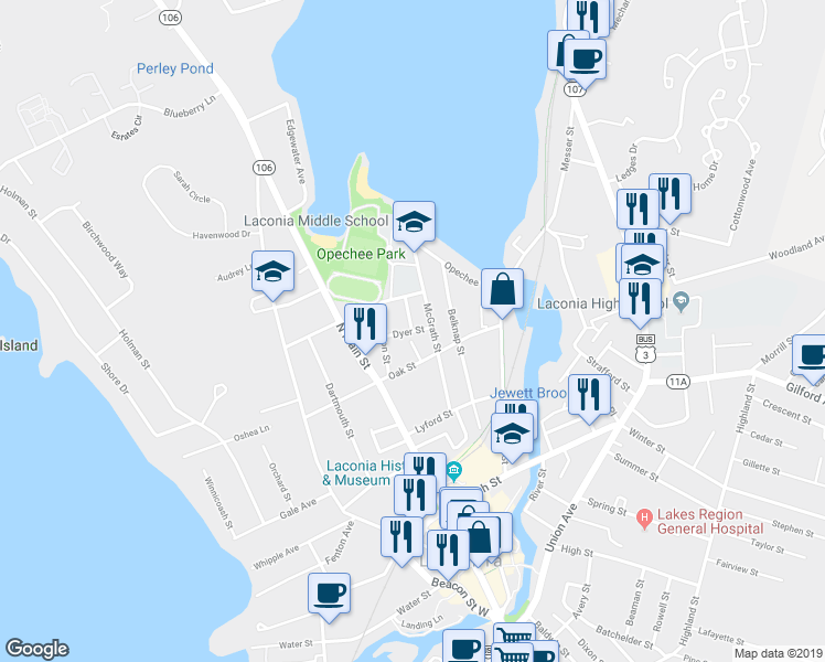 map of restaurants, bars, coffee shops, grocery stores, and more near 1 Chester Court in Laconia