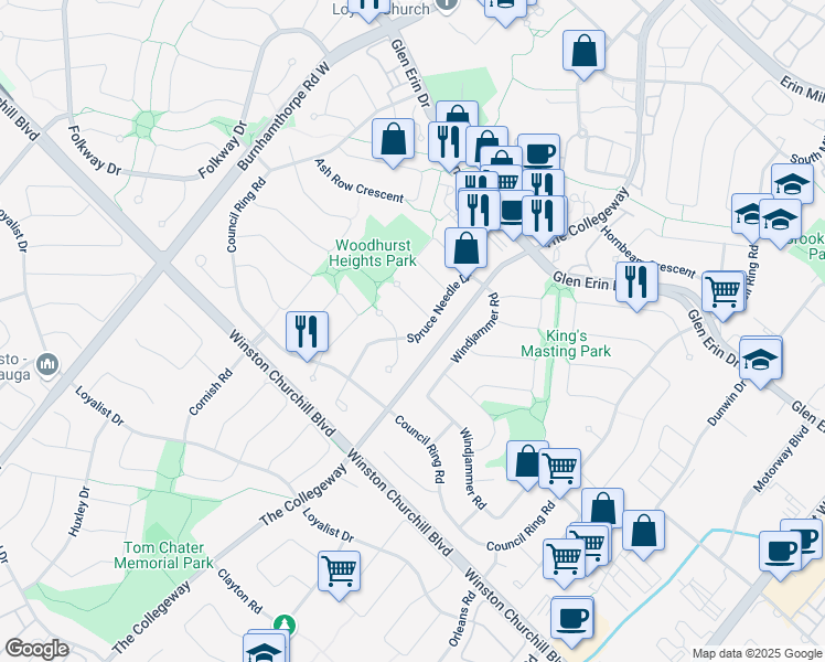 map of restaurants, bars, coffee shops, grocery stores, and more near 2571 Spruce Needle Drive in Mississauga