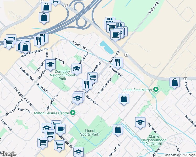 map of restaurants, bars, coffee shops, grocery stores, and more near 1284 Main Street East in Milton
