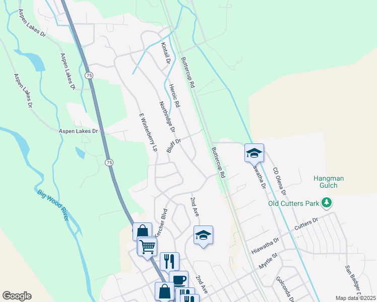 map of restaurants, bars, coffee shops, grocery stores, and more near 1351 Heroic Rd in Hailey