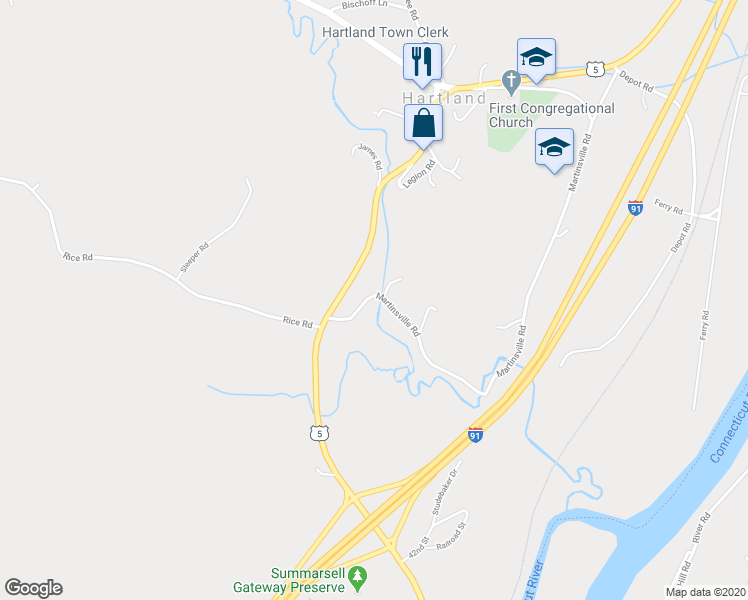 map of restaurants, bars, coffee shops, grocery stores, and more near 12 Martinsville Road in Hartland