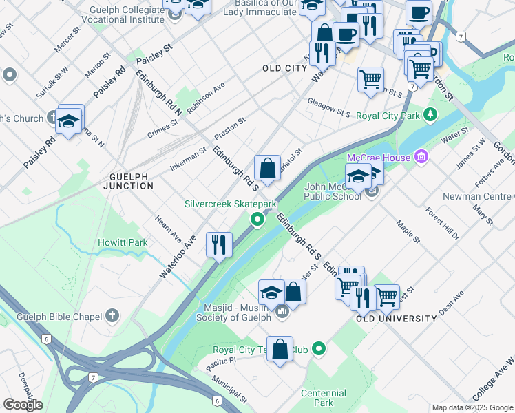 map of restaurants, bars, coffee shops, grocery stores, and more near 218 Bristol Street in Guelph