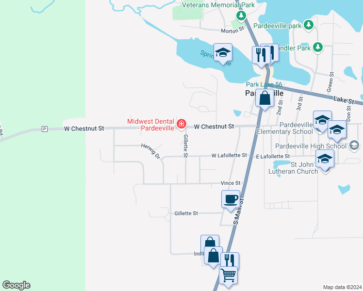 map of restaurants, bars, coffee shops, grocery stores, and more near 107 Gillette Street in Pardeeville