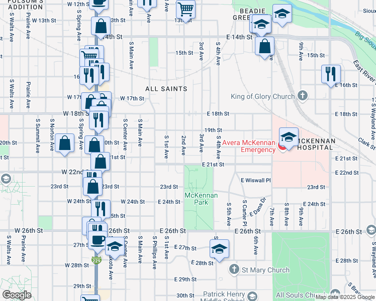 map of restaurants, bars, coffee shops, grocery stores, and more near 309 East 20th Street in Sioux Falls