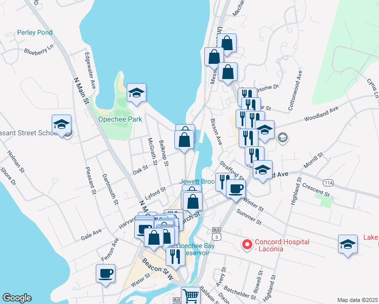 map of restaurants, bars, coffee shops, grocery stores, and more near 128 Messer Street in Laconia