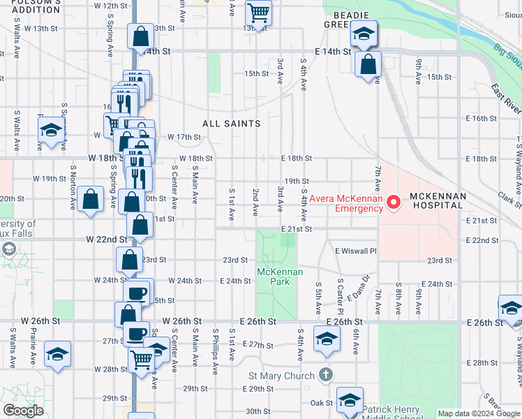 map of restaurants, bars, coffee shops, grocery stores, and more near 309 East 20th Street in Sioux Falls