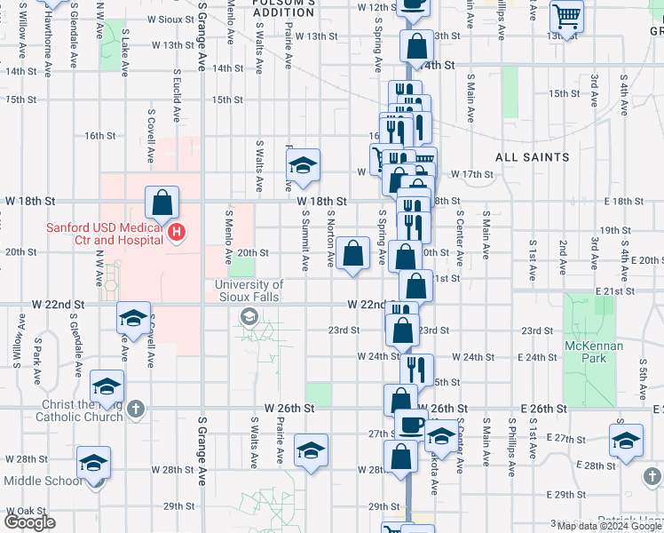 map of restaurants, bars, coffee shops, grocery stores, and more near 1207 South Norton Avenue in Sioux Falls