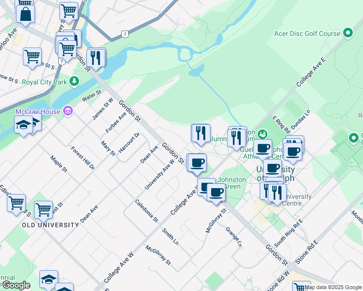 map of restaurants, bars, coffee shops, grocery stores, and more near 6 University Avenue East in Guelph