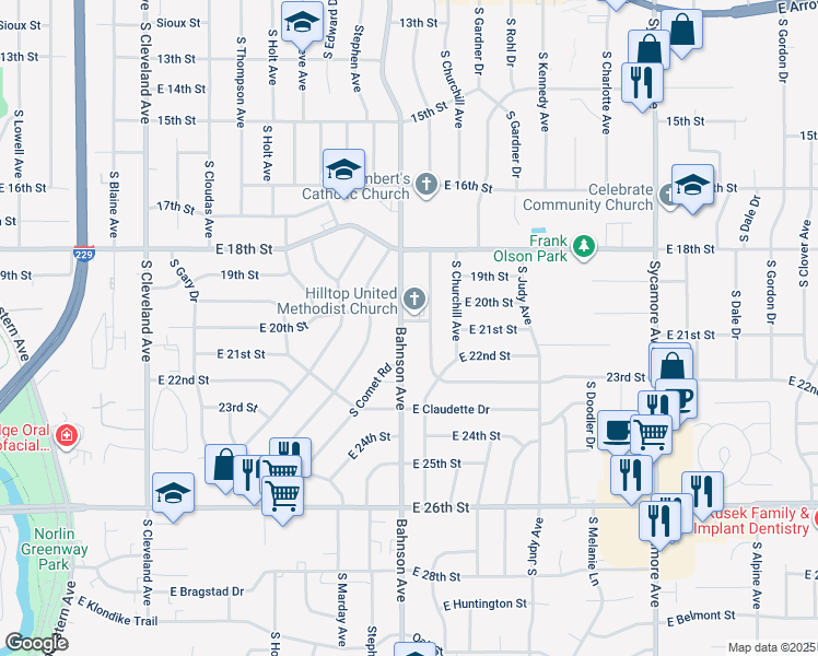 map of restaurants, bars, coffee shops, grocery stores, and more near 3701 East 20th Street in Sioux Falls