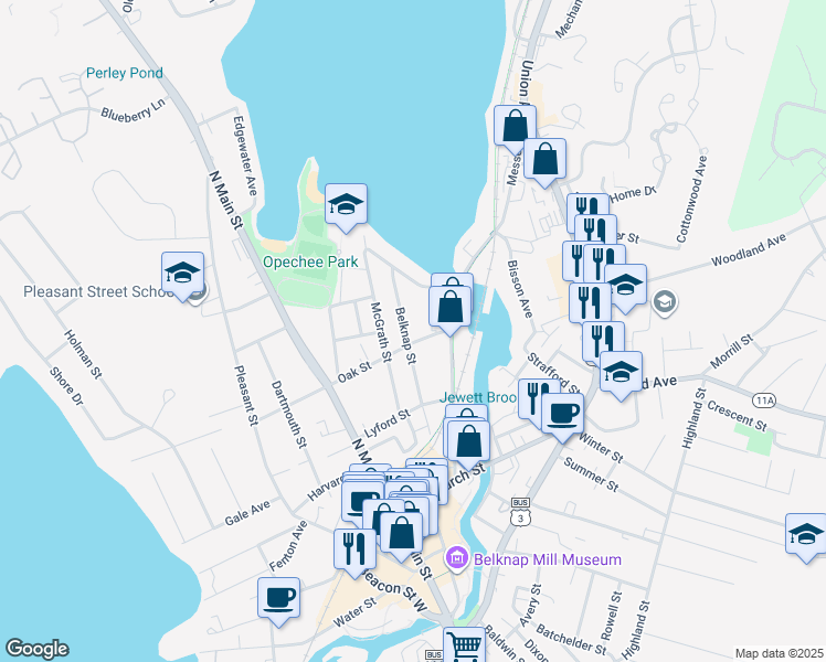 map of restaurants, bars, coffee shops, grocery stores, and more near 57 Belknap Street in Laconia