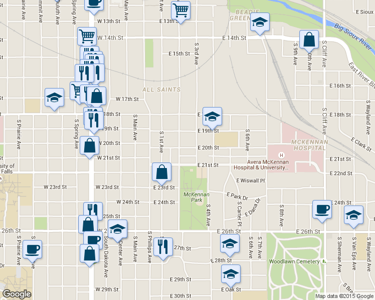 map of restaurants, bars, coffee shops, grocery stores, and more near 309 E 20th St in Sioux Falls