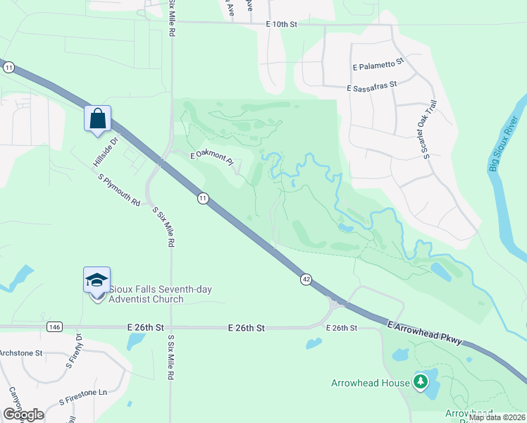 map of restaurants, bars, coffee shops, grocery stores, and more near 7900 East Arrowhead Parkway in Sioux Falls