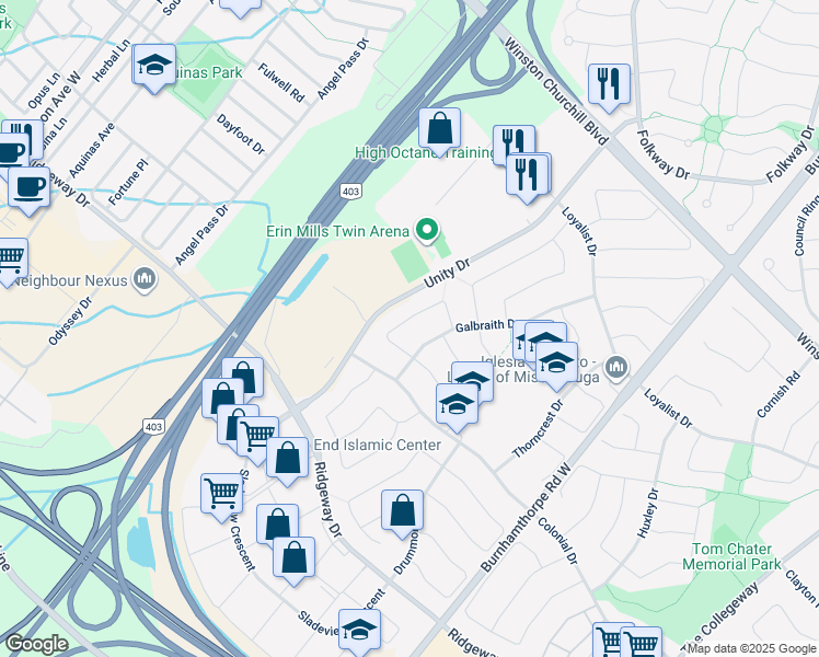 map of restaurants, bars, coffee shops, grocery stores, and more near in Mississauga