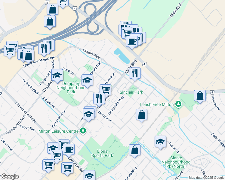 map of restaurants, bars, coffee shops, grocery stores, and more near 1284 Main Street East in Milton