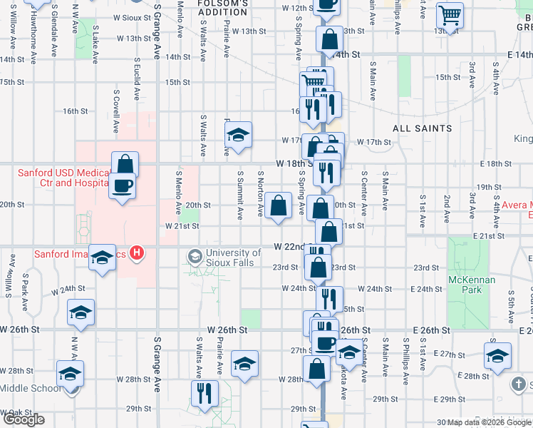 map of restaurants, bars, coffee shops, grocery stores, and more near 1207 South Norton Avenue in Sioux Falls