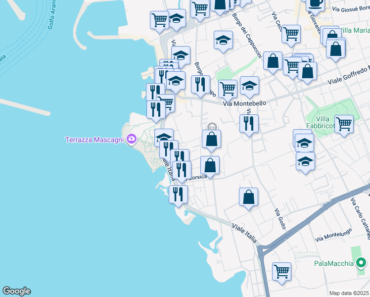 map of restaurants, bars, coffee shops, grocery stores, and more near 28 Via Forte dei Cavalleggeri in Livorno