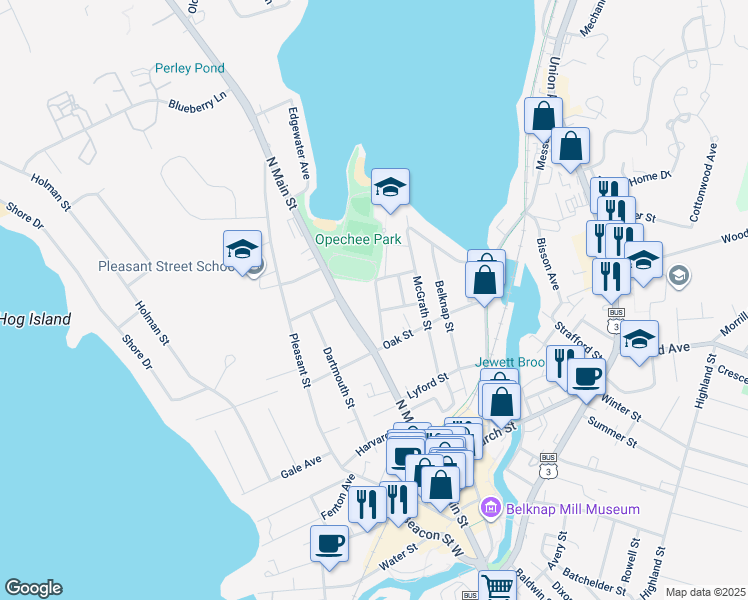 map of restaurants, bars, coffee shops, grocery stores, and more near 44 Jackson Street in Laconia