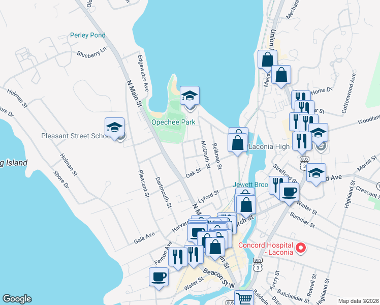 map of restaurants, bars, coffee shops, grocery stores, and more near 44 Jackson Street in Laconia