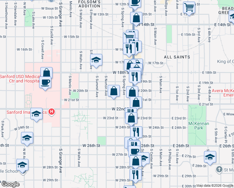 map of restaurants, bars, coffee shops, grocery stores, and more near 1212 South Duluth Avenue in Sioux Falls