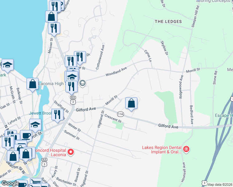 map of restaurants, bars, coffee shops, grocery stores, and more near 60 Morrill Street in Laconia