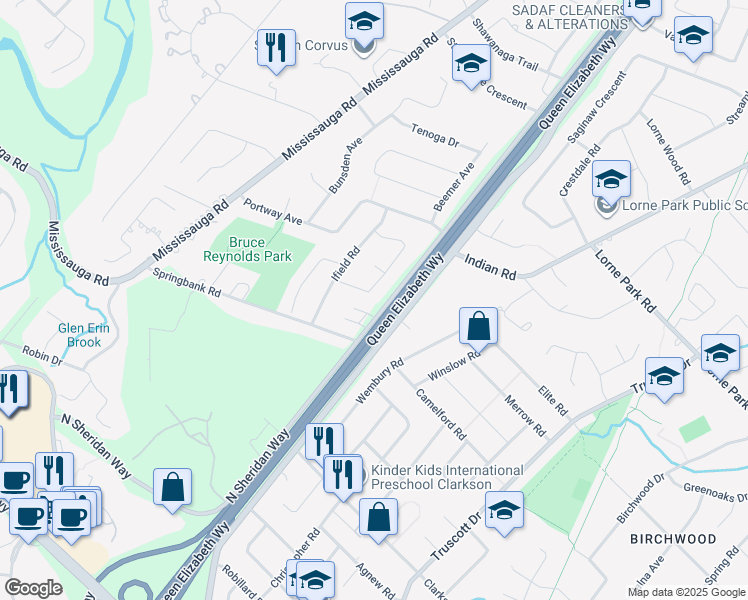 map of restaurants, bars, coffee shops, grocery stores, and more near 2022 Shannon Drive in Mississauga