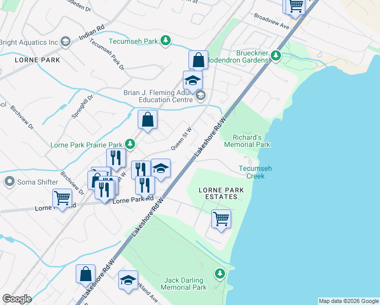 map of restaurants, bars, coffee shops, grocery stores, and more near 961 Lakeshore Road West in Mississauga