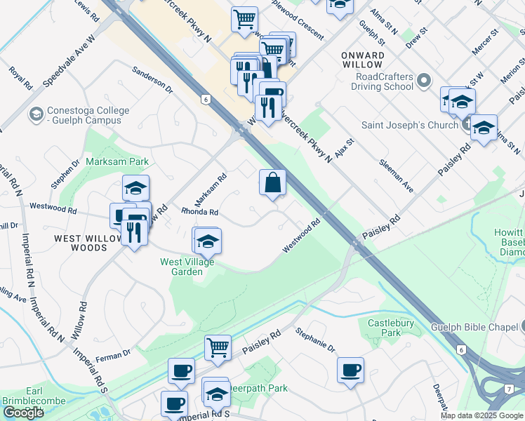 map of restaurants, bars, coffee shops, grocery stores, and more near 53 Rhonda Road in Guelph