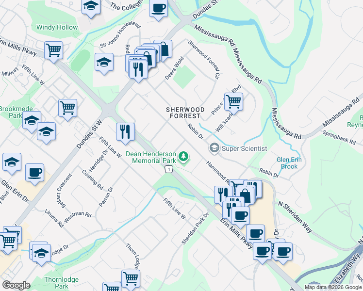 map of restaurants, bars, coffee shops, grocery stores, and more near 2947 Hammond Road in Mississauga