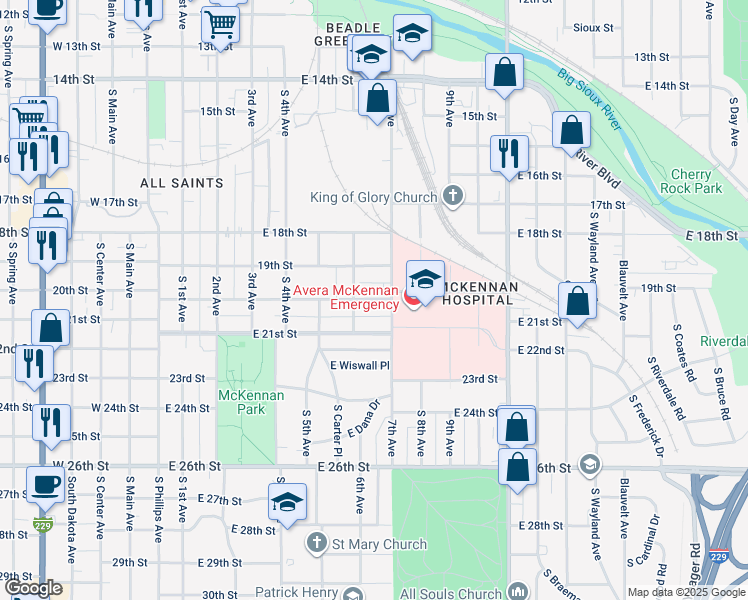 map of restaurants, bars, coffee shops, grocery stores, and more near 709 East 20th Street in Sioux Falls