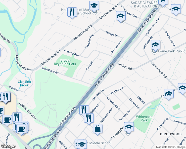 map of restaurants, bars, coffee shops, grocery stores, and more near 2032 Shannon Drive in Mississauga