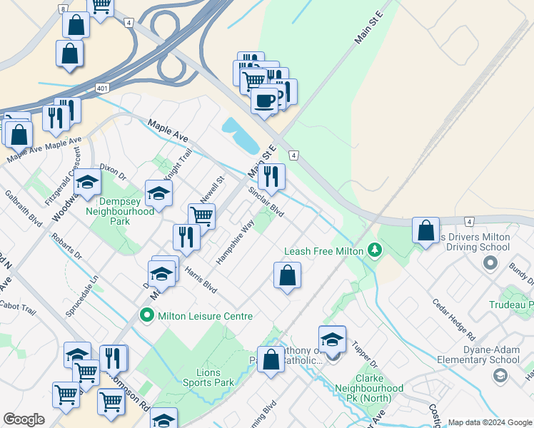 map of restaurants, bars, coffee shops, grocery stores, and more near 40 Sinclair Boulevard in Milton