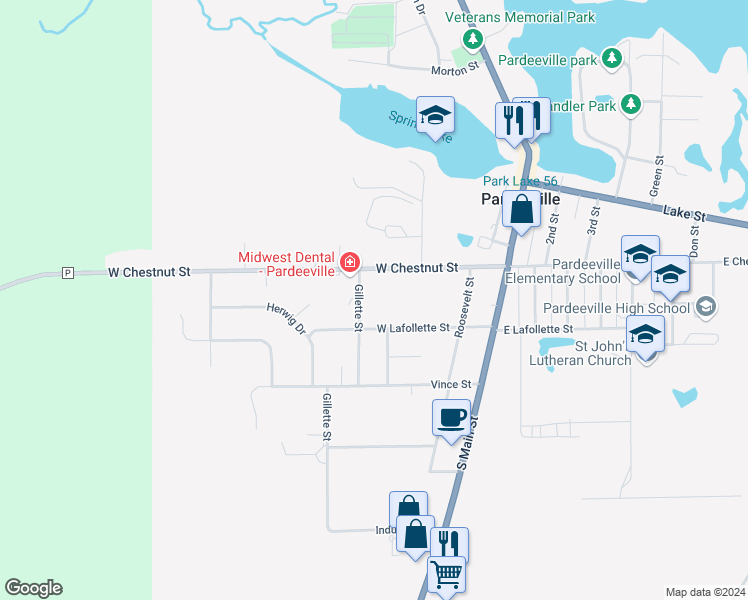 map of restaurants, bars, coffee shops, grocery stores, and more near 107 Gillette Street in Pardeeville